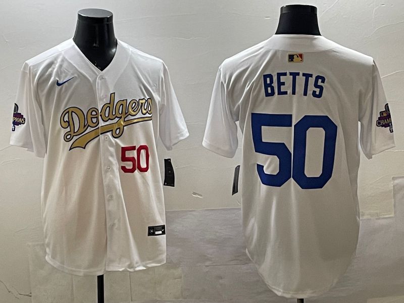 Men Los Angeles Dodgers 50 Betts White Champion gold character 2025 Nike MLB Jersey style 3316